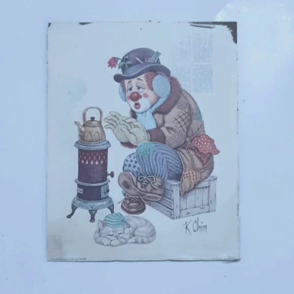 Vintage K CHIN Clown Print Litho wall hanging 1 Circus Life Hobo Weather Wall Decor
